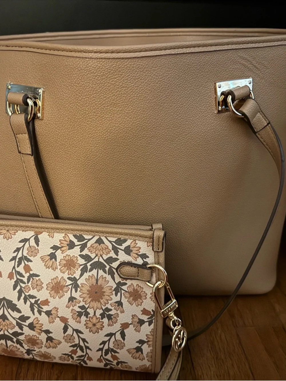Anne Klein Taupe Pebbled Tote with Floral Wristlet - Picture 1 of 2